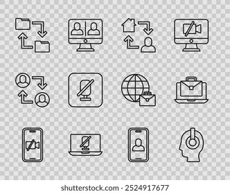 Desligue a câmera de vídeo no celular, Freelancer, Trabalho online, laptop de microfone mudo, pasta de documentos de armazenamento em nuvem, conferência de chat e ícone. Vetor