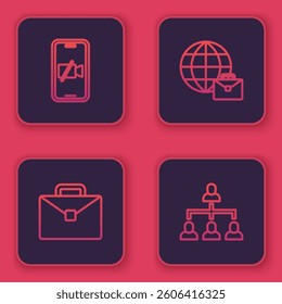 Set line Video camera Off on mobile, Briefcase, Online working and Hierarchy organogram chart. Blue square button. Vector