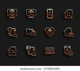 Set line Video camera Off in home, Online working, chat conference, Time management,  and Heart with text icon. Vector