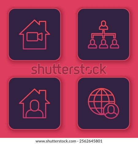 Set line Video camera Off in home, Online working, Hierarchy organogram chart and Freelancer. Blue square button. Vector