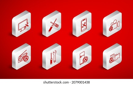 Set line Video camera service, Crossed screwdrivers, Smartphone, Refrigerator, Computer monitor, Screwdriver and wrench and Radio icon. Vector
