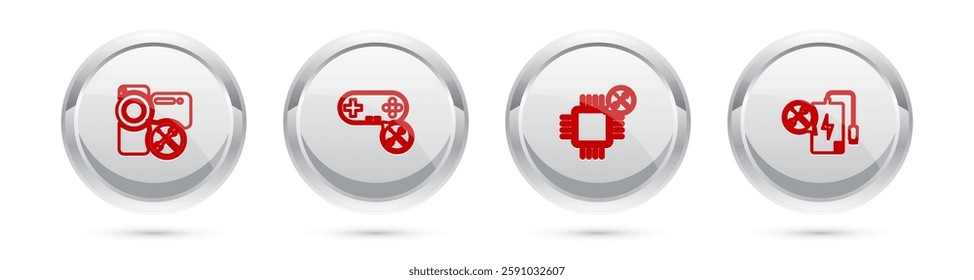 Set line Video camera service, Gamepad, Processor and Power bank. Silver circle button. Vector