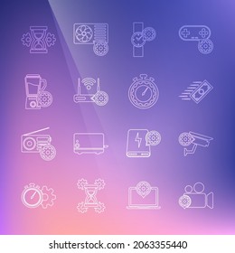 Set line Video camera setting, Security, Fast payments, Wrist watch, Router and wi-fi, Blender with bowl, Hourglass and Time management icon. Vector