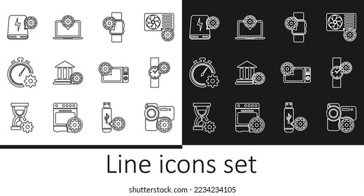 Set line Video camera setting, Wrist watch, Smartwatch, Bank building, Time management, Power bank, Microwave oven and Laptop icon. Vector