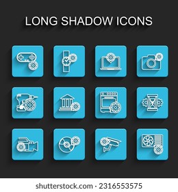 Set line Video camera setting, CD or DVD disk, Gamepad, Security, Air conditioner, Bank building, Hourglass and Oven icon. Vector
