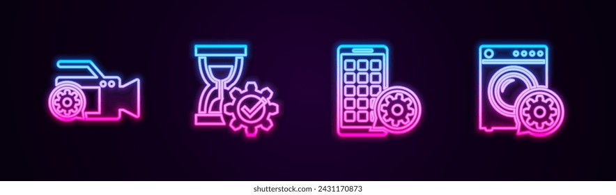 Set line Video camera setting, Hourglass, Mobile Apps and Washer. Glowing neon icon. Vector