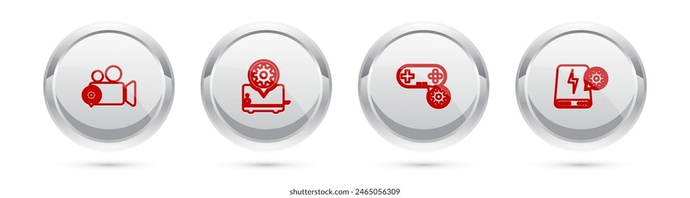 Set line Video camera setting, Toaster, Gamepad and Power bank. Silver circle button. Vector