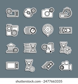 Set line Video camera setting, Hourglass, Fast payments, Photo, Stopwatch, Microwave oven and Setting icon. Vector