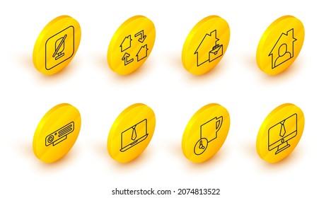 Set line Video chat conference, Time management, Web camera, Online working,  and Mute microphone icon. Vector