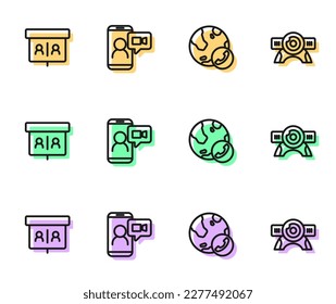 Set line Video chat conference,  and Web camera icon. Vector