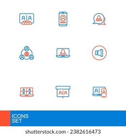 Set line Video chat conference, Speaker volume, Meeting, Speech bubble and  icon. Vector