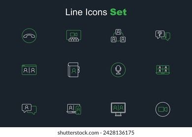 Set line Video chat conference, Speech bubble, Microphone, Phone book and  icon. Vector