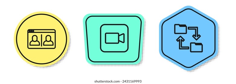 Set line Video chat conference, Camera and Cloud storage document folder. Colored shapes. Vector