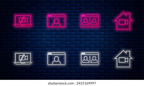 Set line Video chat conference, , camera Off laptop and in home. Glowing neon icon on brick wall. Vector