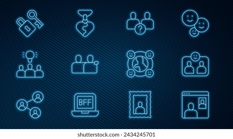 Set line Video chat conference, Friends forever, Complicated relationship, BFF best friends, Project team base, Lock with key, International community and Necklace heart shaped icon. Vector