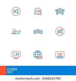 Set line Video chat conference, Mute microphone, Movie, film, media projector, Web camera and  icon. Vector