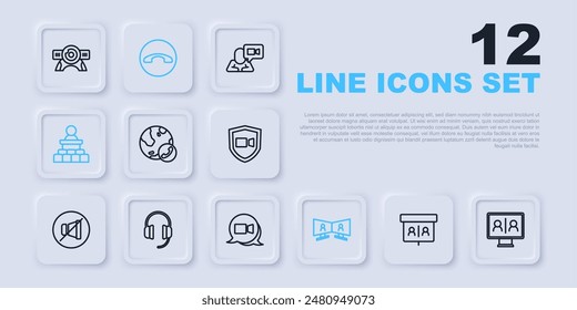 Chat-Konferenz, Lautsprecher, Kopfhörer, Telefonhörer und Symbol für Line-Video. Vektorgrafik
