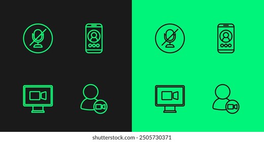 Set line Video chat conference, Mute microphone and  icon. Vector