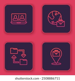 Set line Video chat conference, Cloud storage document folder, Online working and . Blue square button. Vector