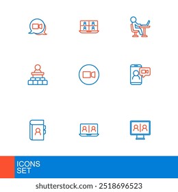Definir linha Conferência de bate-papo em vídeo, Catálogo telefônico, Alto-falante, Freelancer e ícone. Vetor