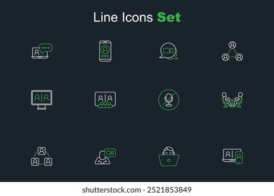 Definir a linha Conferência de bate-papo em vídeo, Freelancer, Reunião, Microfone sem áudio e ícone. Vetor