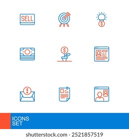 Set line Video-Chat-Konferenz, Resume, Umschlag, Stapel Papiergeld bar, Dollar-Anlage, Glühbirne mit Dollar und Ziel finanziellen Ziel-Symbol. Vektorgrafik