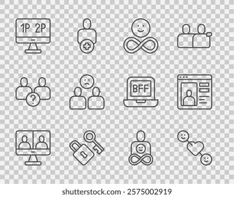 Set line Video chat conference, Romantic relationship, Friends forever, Lock with key, Computer monitor screen, Complicated,  and Dating app online icon. Vector