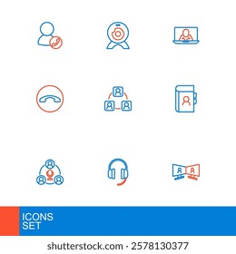 Set line Video chat conference, Headphones, Meeting, Phone book, Telephone handset,  and Web camera icon. Vector