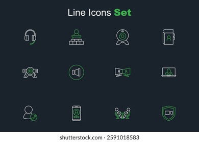 Set line Video chat conference, Meeting, Speaker volume and Web camera icon. Vector