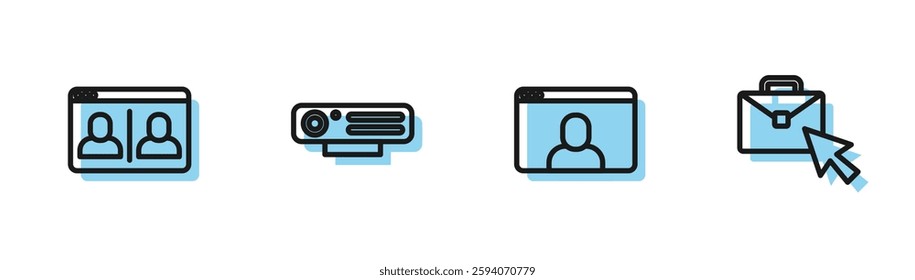 Set line Video chat conference, , Web camera and Online working icon. Vector