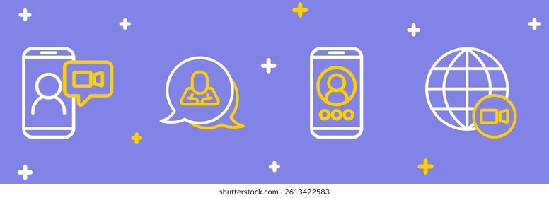 Set line Video chat conference, Speech bubble and  icon. Vector