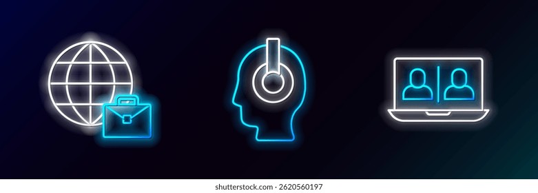 Set line Video chat conference, Online working and Freelancer icon. Glowing neon. Vector