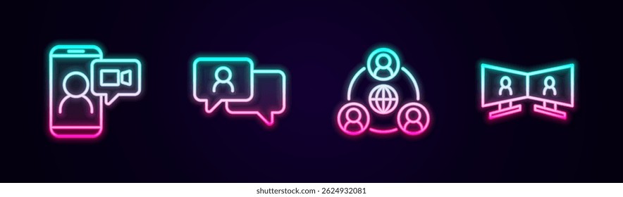 Set line Video chat conference, Speech bubble, Meeting and . Glowing neon icon. Vector