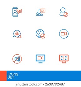 Set line Video chat conference, Mute microphone, Speech bubble,  and  icon. Vector