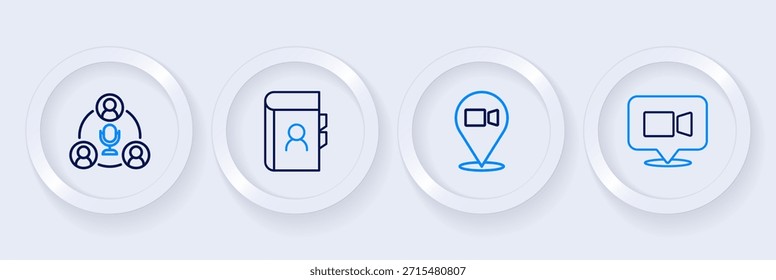 Video Establecer línea de conferencia de chat, agenda telefónica e icono de reunión. Vector
