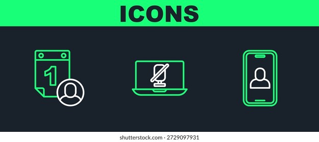 Set line Video chat conference, Time management and Mute microphone laptop icon. Vector