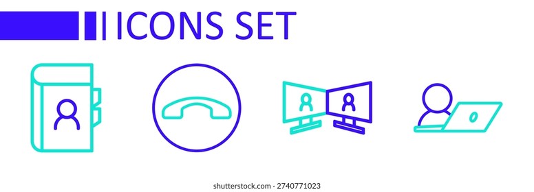 Set line Video chat conference, Telephone handset and Phone book icon. Vector