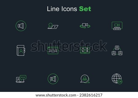 Set line Video chat conference, Speech bubble, Mute microphone, Meeting,  and Phone book icon. Vector