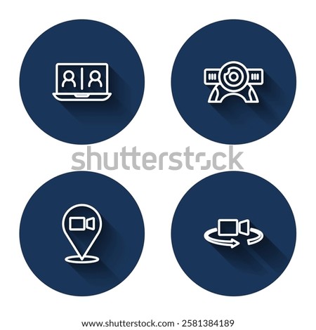 Set line Video chat conference, Web camera,  and 360 degree view with long shadow. Blue circle button. Vector