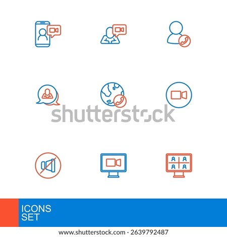 Set line Video chat conference, Mute microphone, Speech bubble,  and  icon. Vector