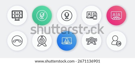 Set line Video chat conference, Telephone handset, Web camera, Microphone,  and  icon. Vector