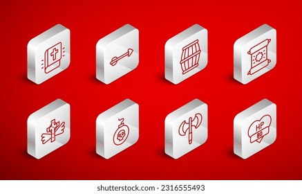 Set line Video game bar, Arrow, Gun powder barrel, Decree, parchment, scroll, Medieval poleaxe, Holy bible book, Bomb ready to explode and Christian cross icon. Vector