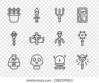 Set line Video game bar, Magic staff, Neptune Trident, Skull, Quiver with arrows, Christian cross, ball and Medieval chained mace icon. Vector