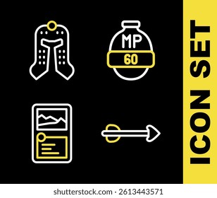 Set line Video game bar, Arrow, Card collection and Medieval helmet icon. Vector