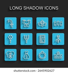 Set line Video game bar, Old money bag, Sword for, Magic stone ring, King crown, Neptune Trident, staff and Card collection icon. Vector