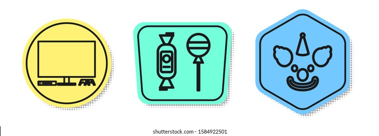 Set line Video game console , Lollipop  and Clown head . Colored shapes. Vector