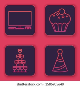 Set line Video game console , Wine glasses stacked in a pyramid tower , Muffin  and Party hat . Blue square button. Vector
