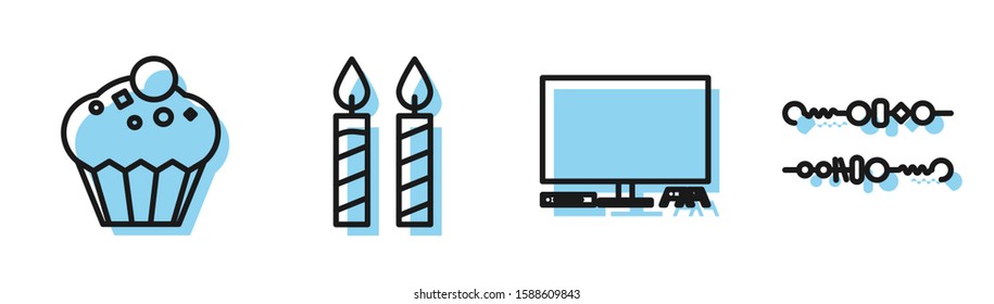 Set line Video game console , Muffin , Birthday cake candles  and Grilled shish kebab icon. Vector