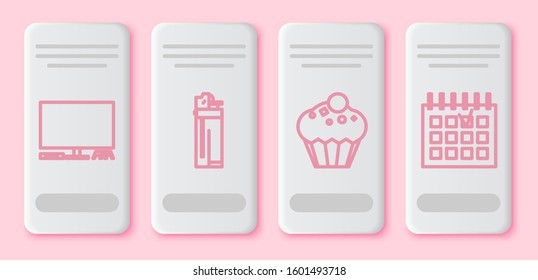 Set line Video game console , Lighter , Muffin  and Detailed calendar . White rectangle button. Vector