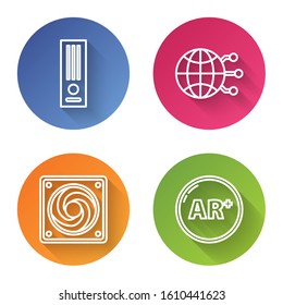 Set line Video game console, Global technology or social network, Computer cooler and Ar, augmented reality. Color circle button. Vector